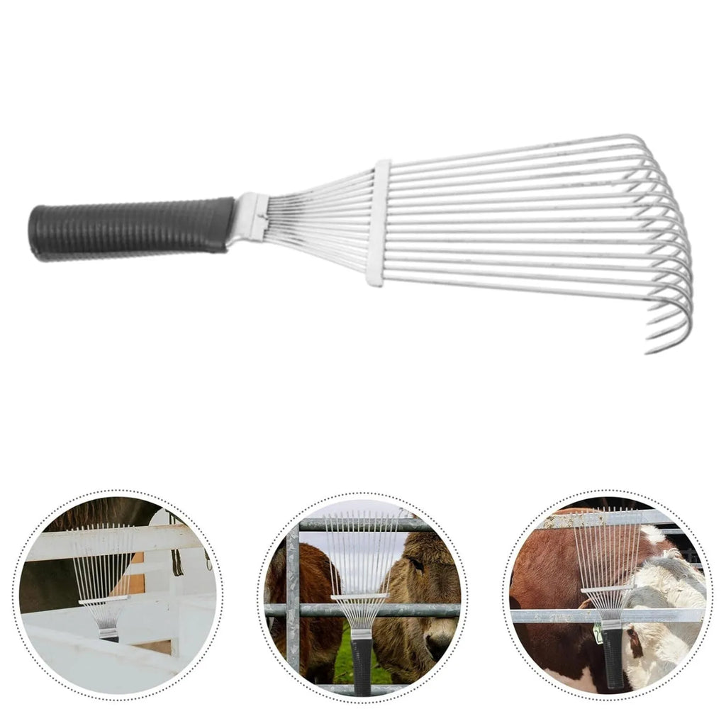 Black stainless steel pet and livestock dematting brush with metal comb teeth, 33cm long.