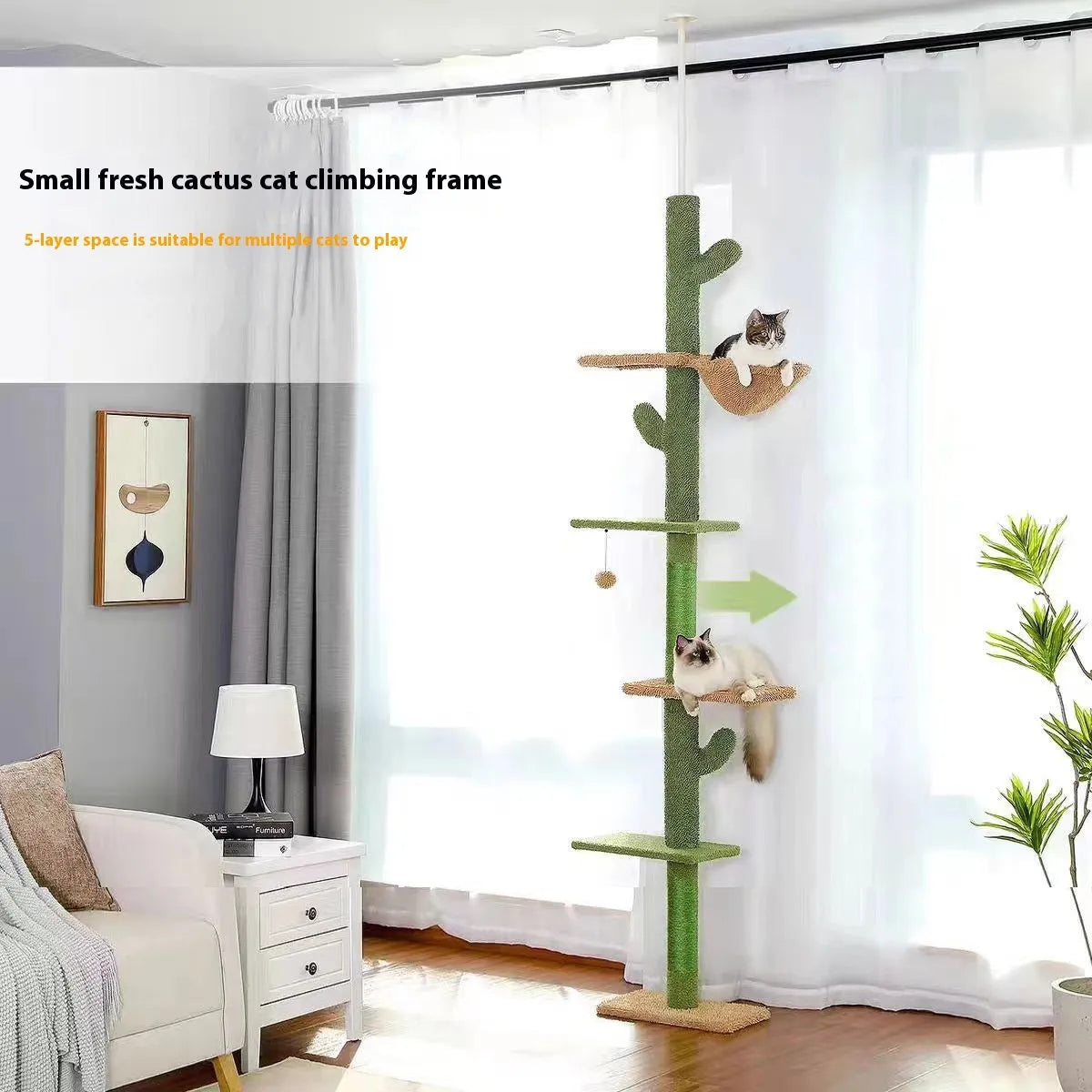 Tall solid wood cat climbing frame with integrated scratching board and toy