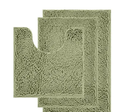 Chenille long hair three-piece bathroom carpet set with U-shaped toilet mat in green.