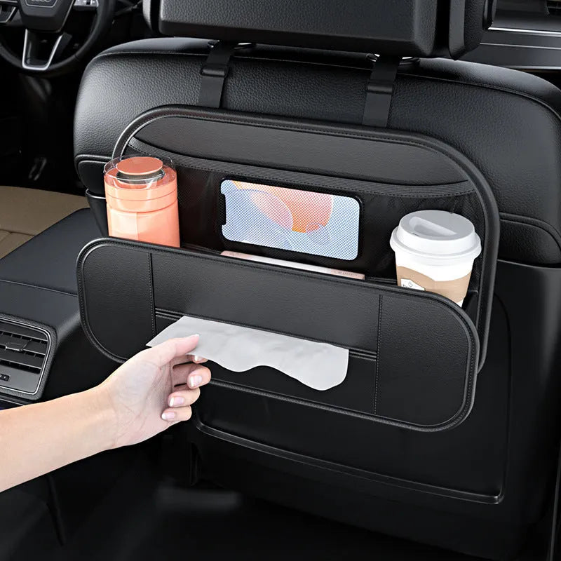 Black leather car seat back storage bag showing dimensions and customisable compartments