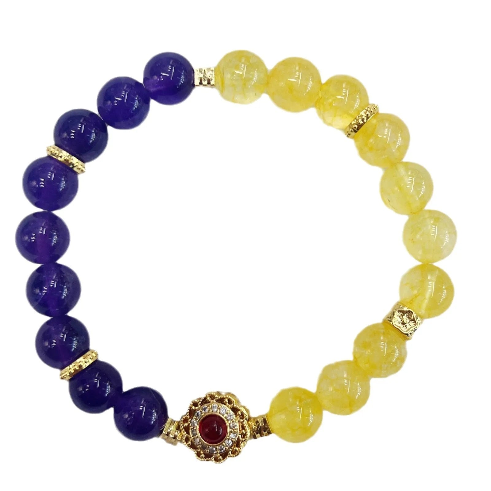 Handmade yellow and purple crystal women's bracelet with amethyst stones