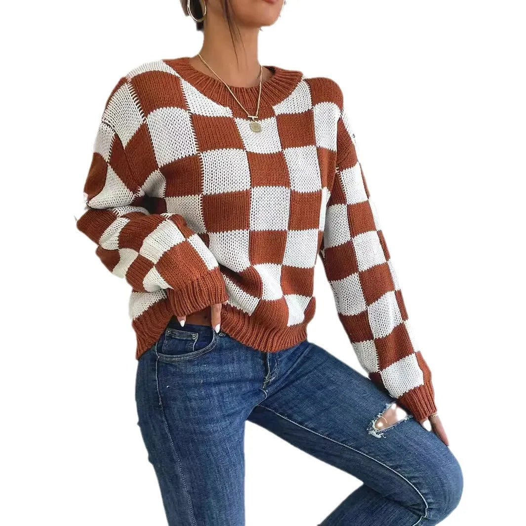 Dark brown plaid pattern acrylic loose fit sweater with long sleeves and round neck