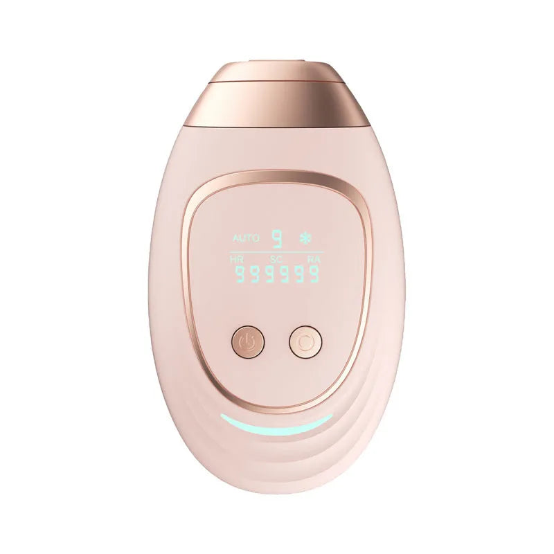 Pink and white three-in-one ice-sensing laser hair removal device with shaver attachment and protective glasses