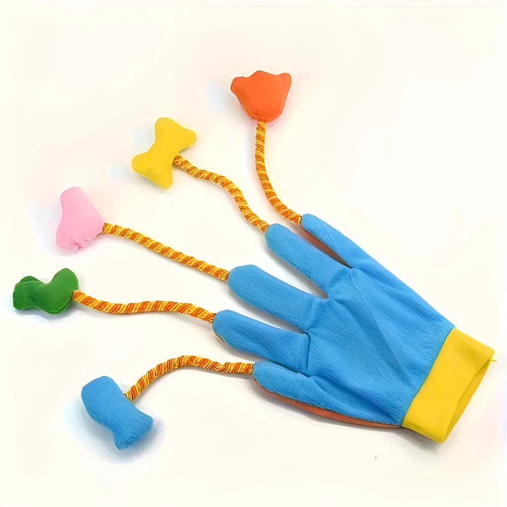 Yellow and blue plush glove cat toy with bell and long trailer, shown with dimensions 40cm by 11cm.