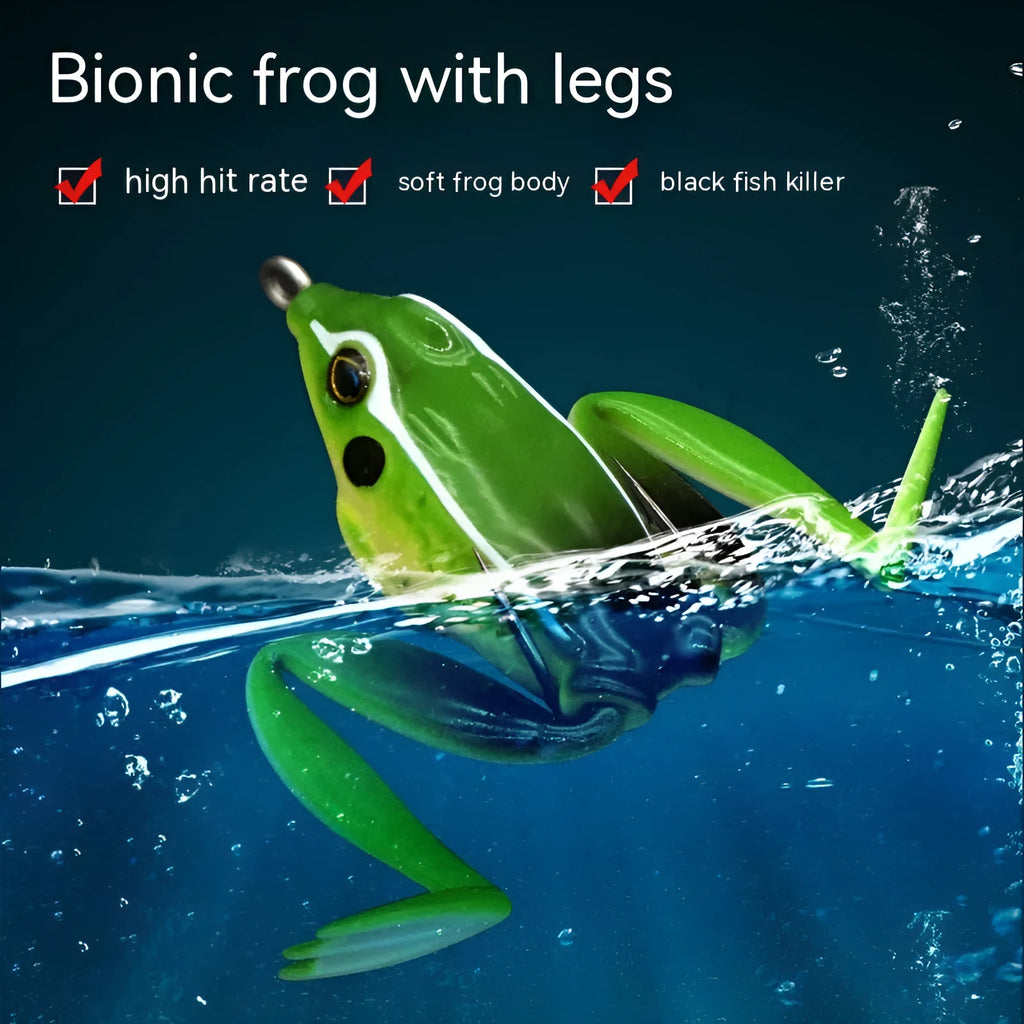 Bionic frog fishing lure with snake head pattern and double hooks in grass green colour