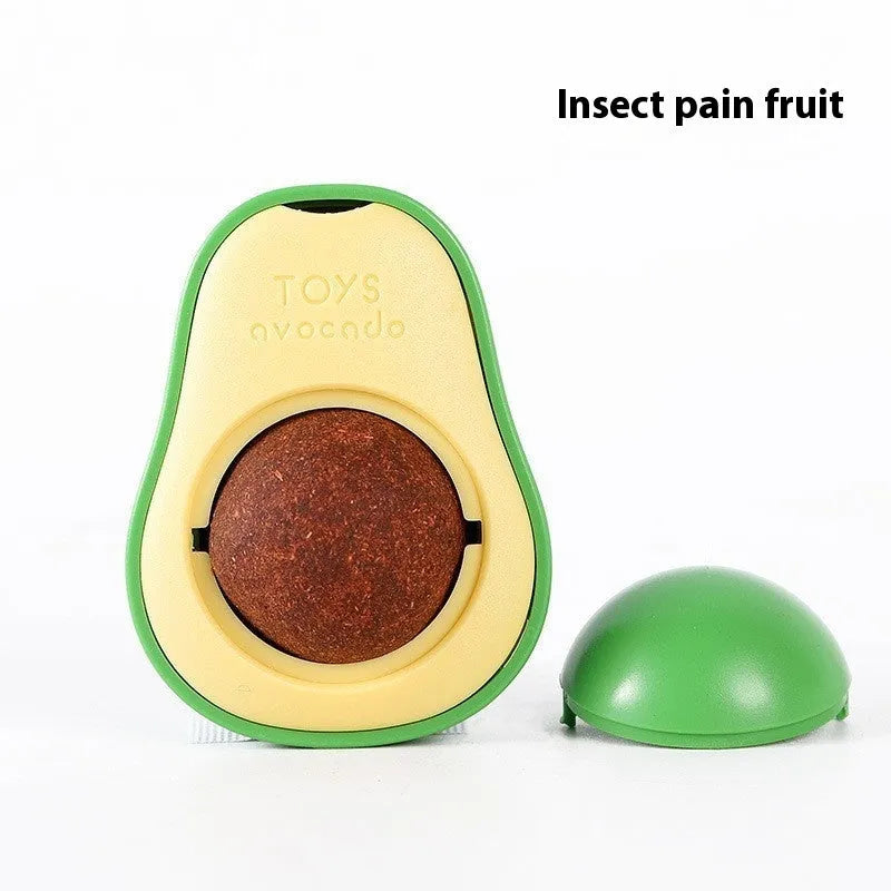 Colourful plastic cat toy with textured teeth cleaning surface in avocado bug baby fruit flavour