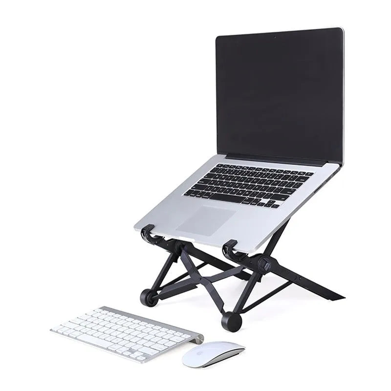 Sagacious black portable folding laptop stand with lifting function on a desk.