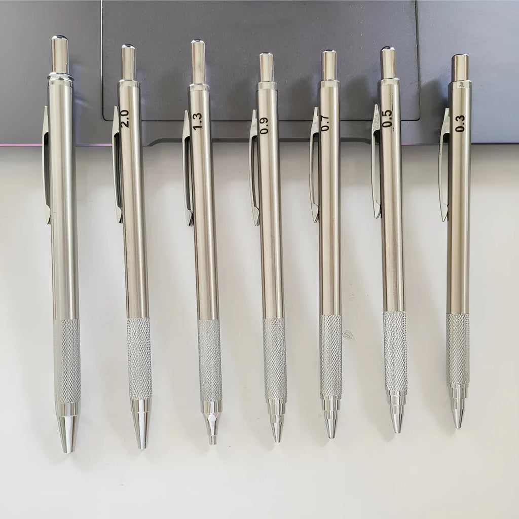 Metal mechanical pencil with automatic lead advancement mechanism and multiple lead size compatibility