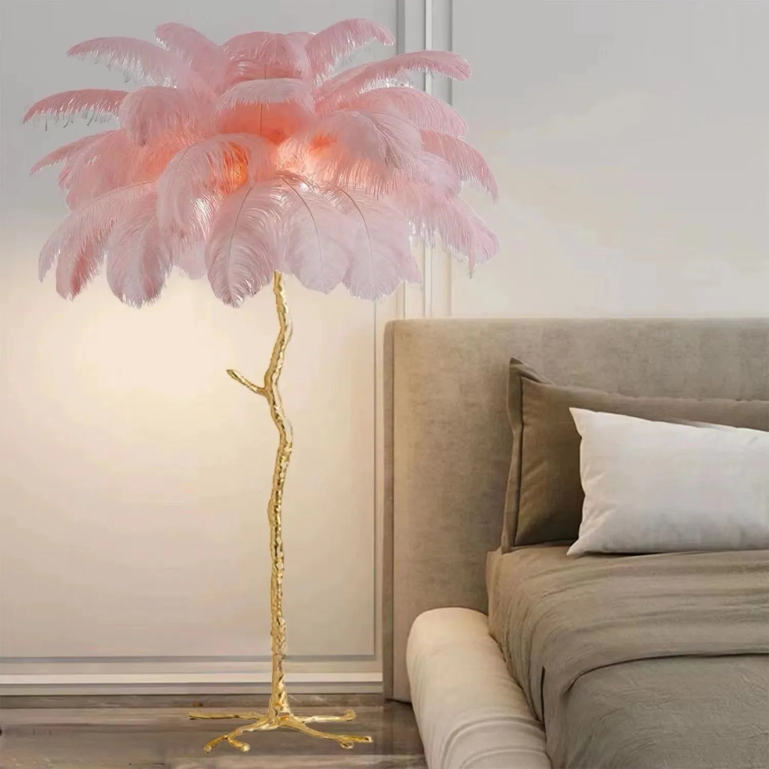 Tall decorative resin floor lamp with feather details in choice of dark green, pink, or white colours