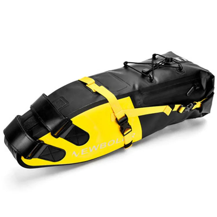 Waterproof yellow bicycle tail bag mounted on bike rear rack with 13L capacity for outdoor cycling tools.