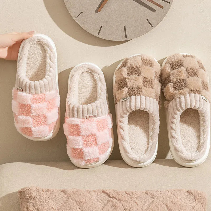 Women's plaid pattern plush indoor slippers with coral velvet upper and anti-slip sole in coffee colour.