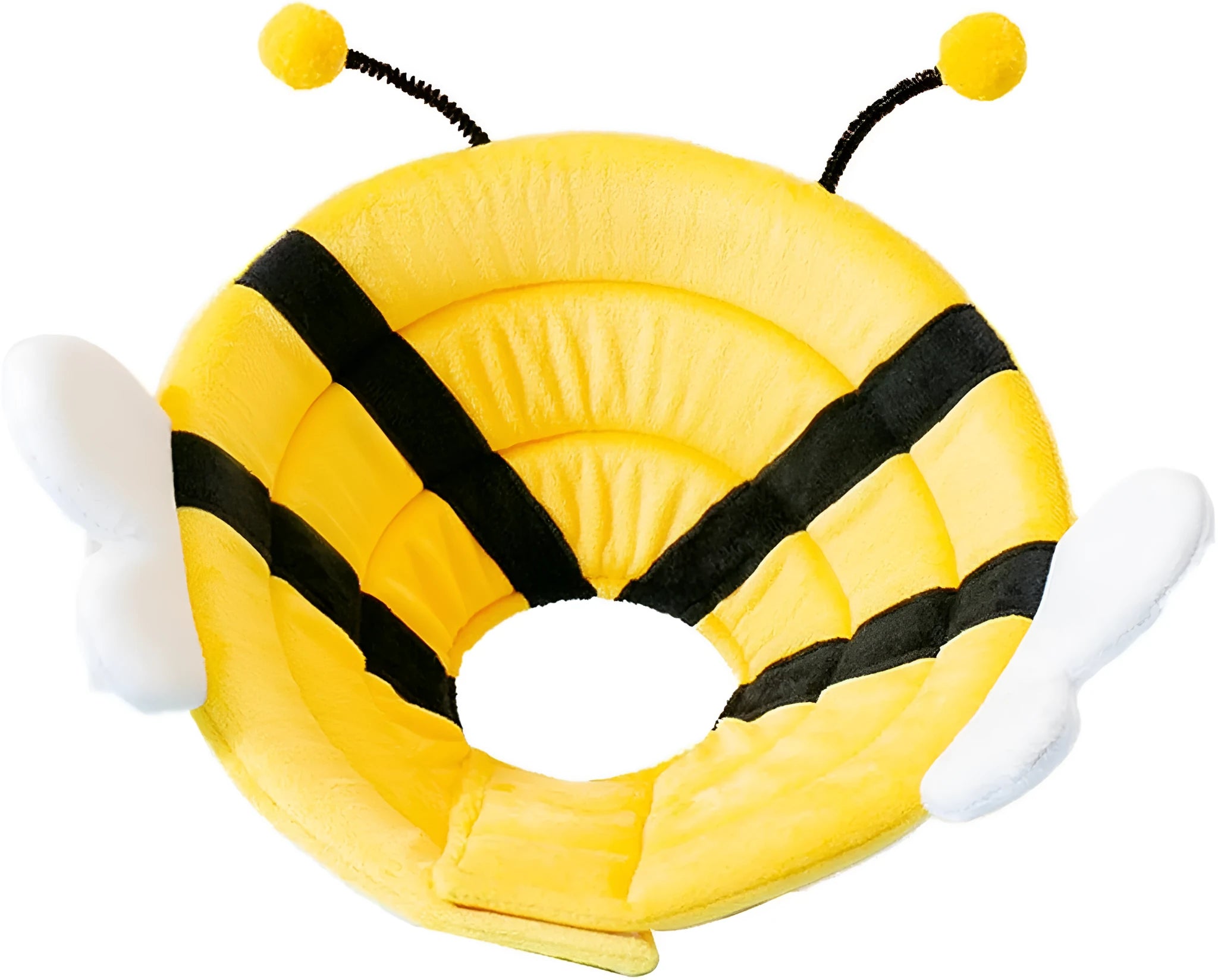 Soft cat cone collar with black and yellow bee design and Velcro strap