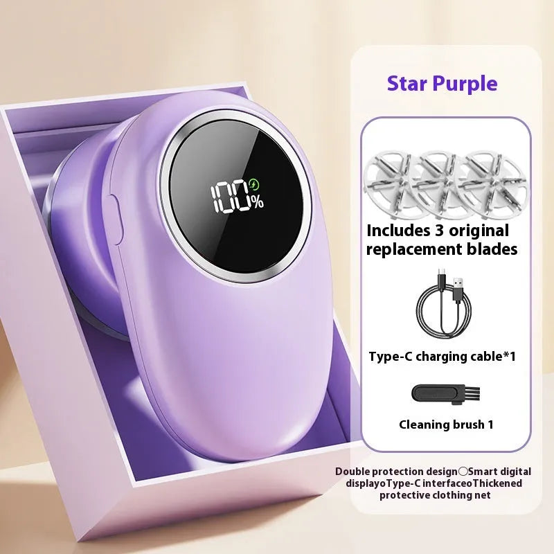 Digital fur ball trimmer with lint roller function in purple colour showing four cutter head configuration