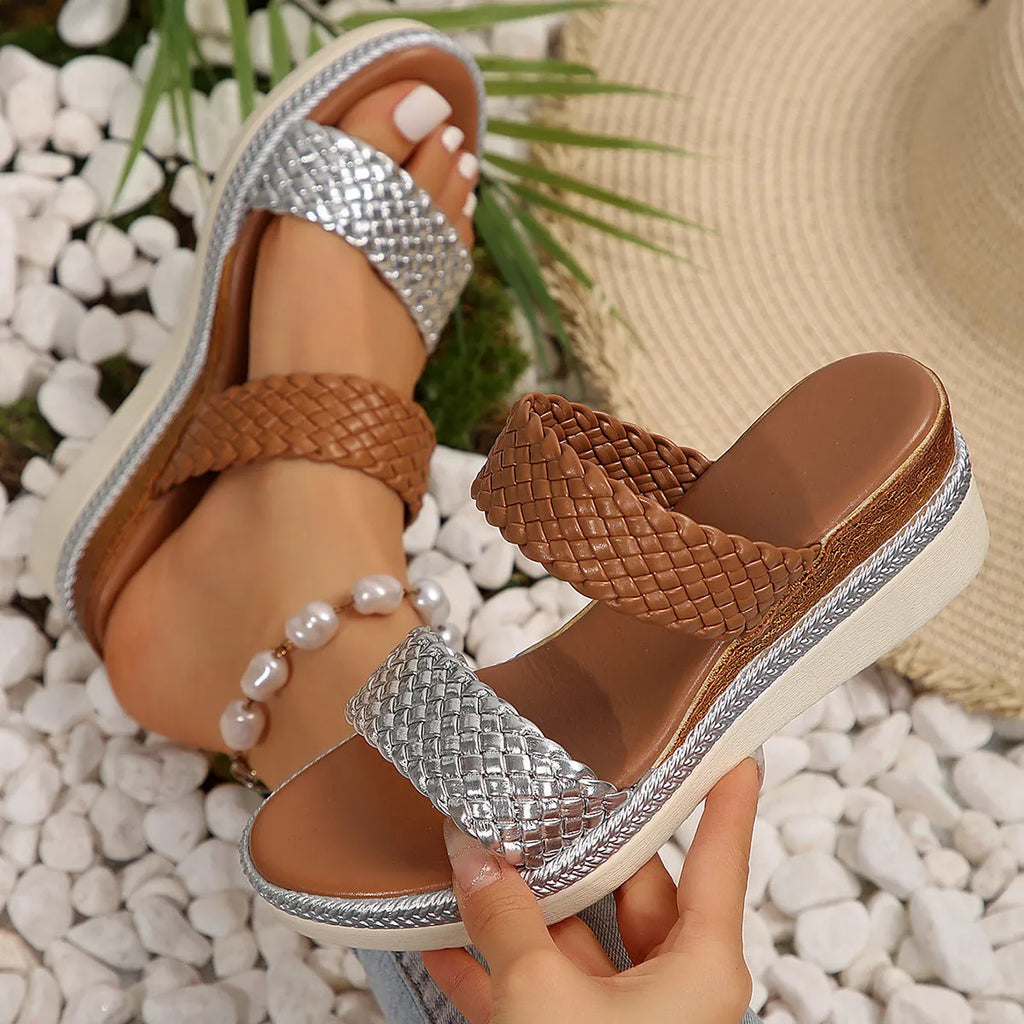 Gold and silver plus size wedge sandals for women on a white background.