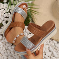 Gold and silver plus size wedge sandals for women on a white background.