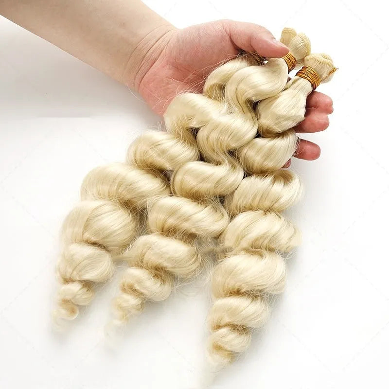 Golden blonde synthetic women's wig shown in three length options