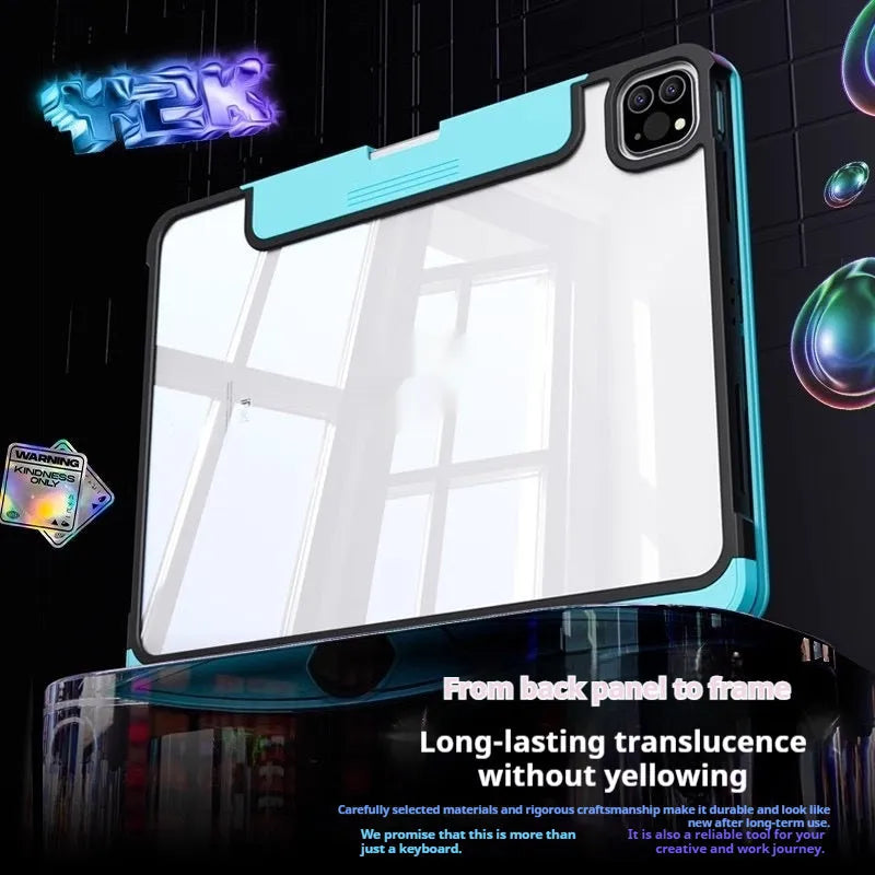 Blue iPad protective case showing shockproof PC construction with mute keyboard compatibility feature