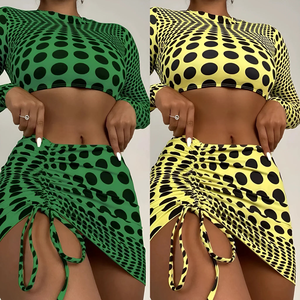 Women's green polka dot swimsuit three-piece set showing top, skirt, and bra components