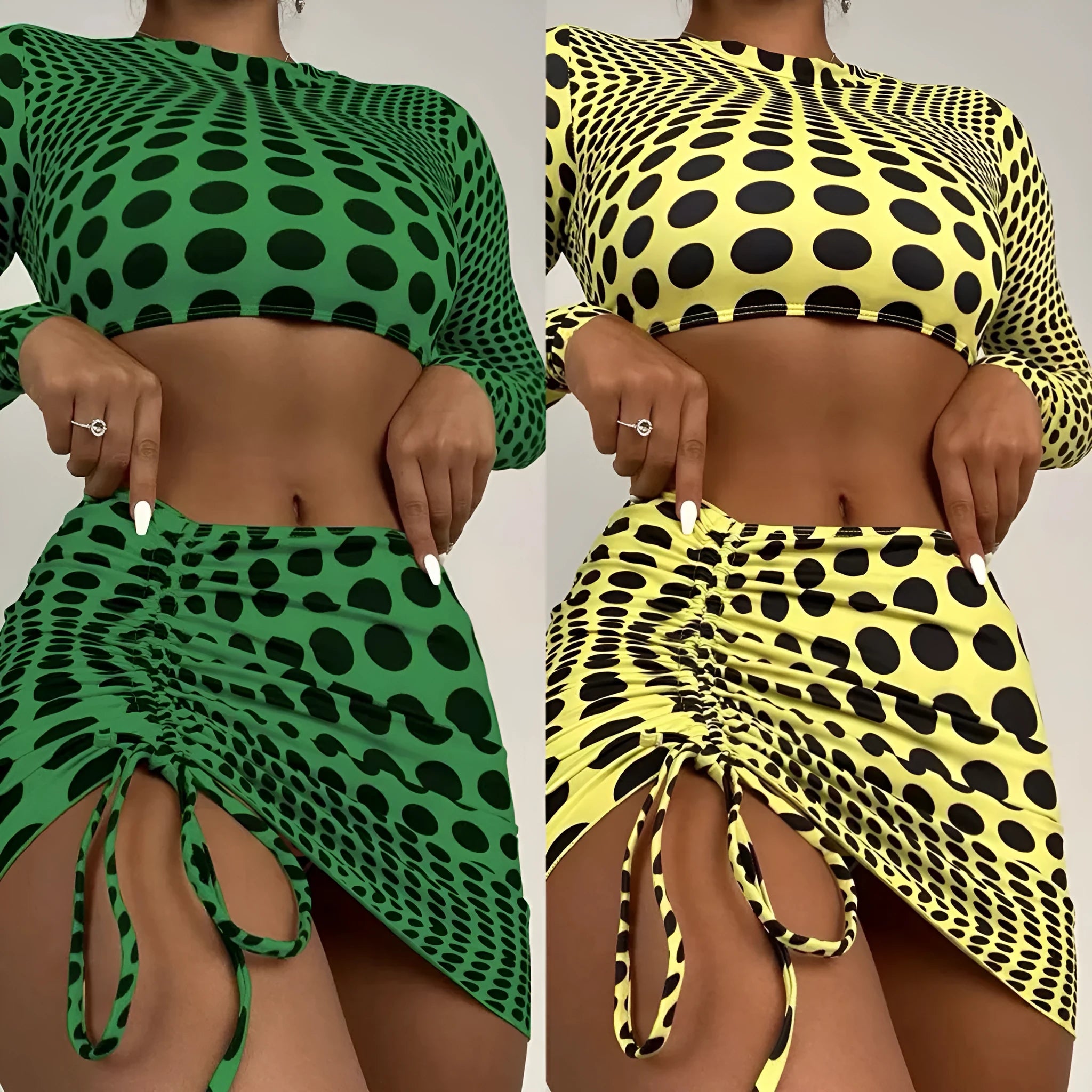 Women's green polka dot swimsuit three-piece set showing top, skirt, and bra components