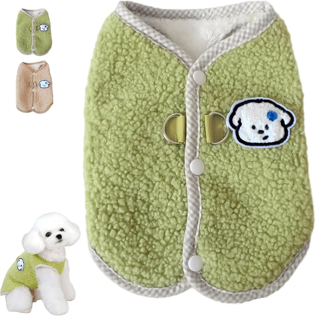 Green dog sweatshirt vest with coral fleece lining and leash ring for small pets