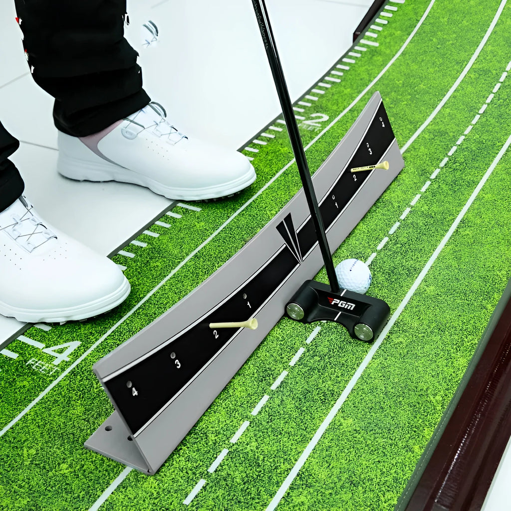 Adjustable golf putter trajectory balance simulator with PVC construction on a flat indoor surface.