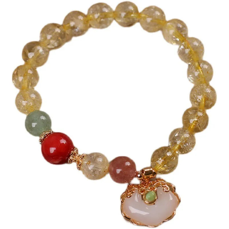 Women's natural citrine jade ruyi pendant bracelet with yellow hair crystal detail on alloy chain