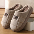 Men's plaid winter slippers with rabbit hair upper and thick EVA sole in brown colour