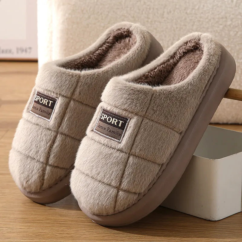 Men's plaid winter slippers with rabbit hair upper and thick EVA sole in brown colour