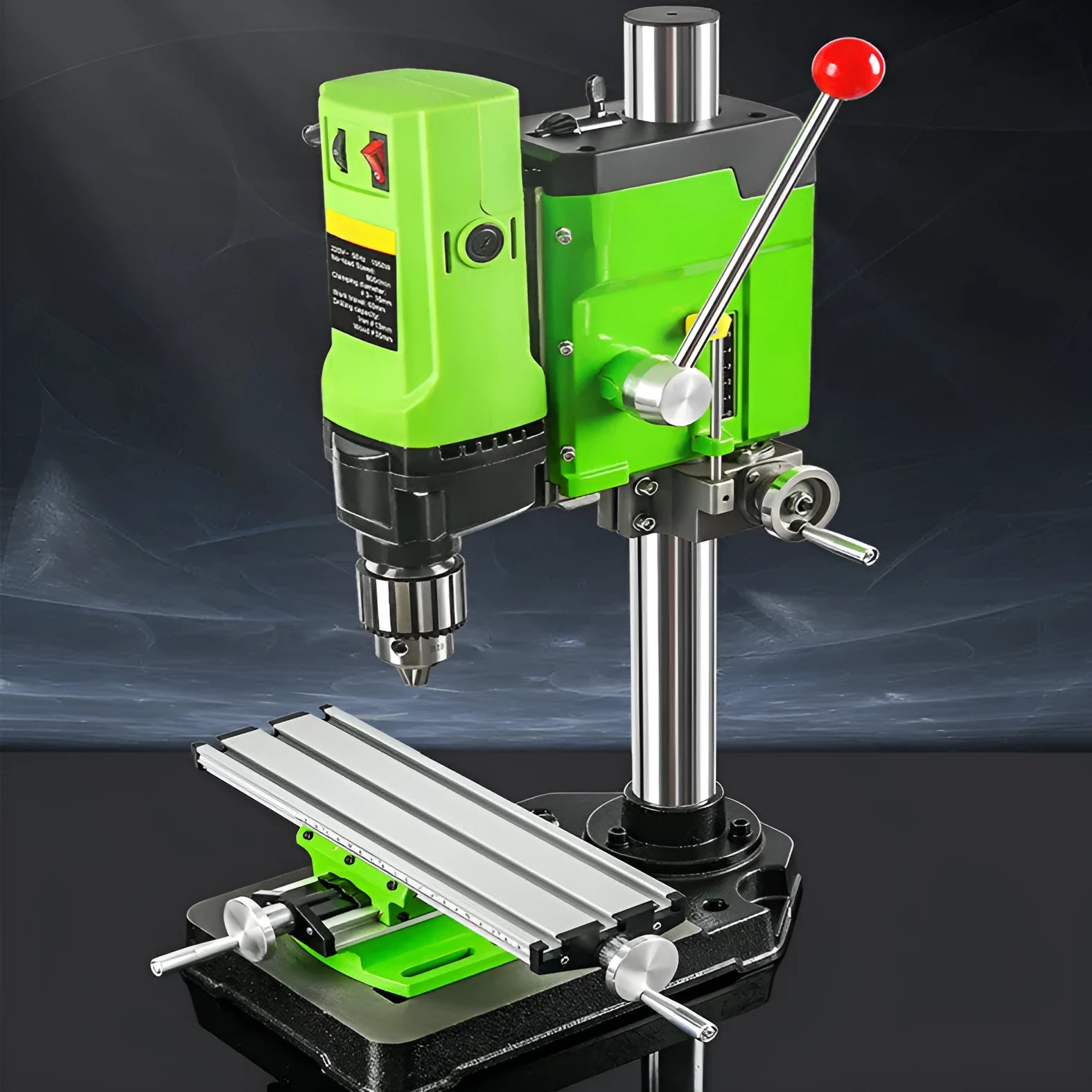 Mini bench drill and milling machine with heavy-duty bench pliers on a workbench.