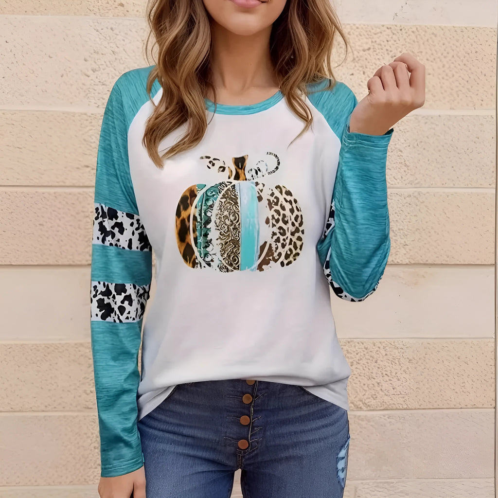 Sky blue long sleeve T-shirt with 3D digital print of a Halloween pumpkin.