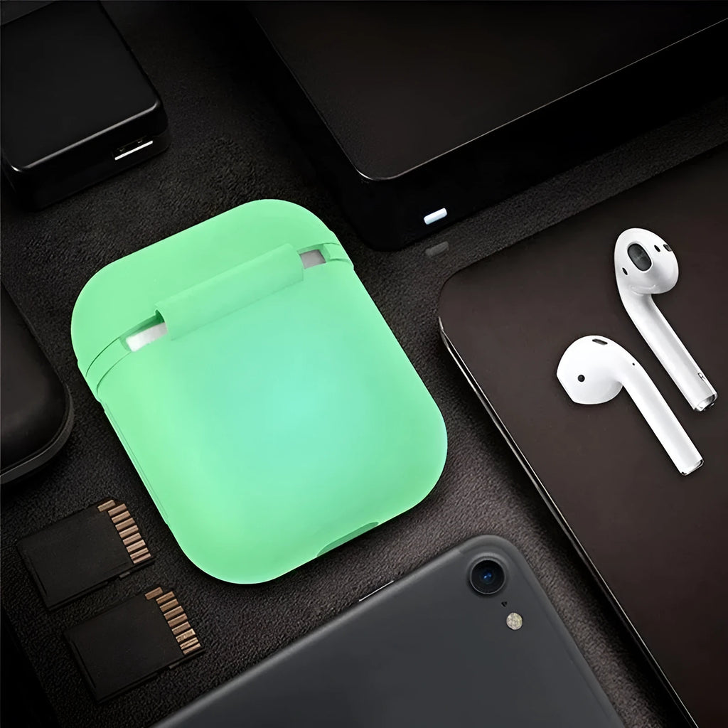 Luminous solid colour silicone flip-top protective case for Apple AirPods wireless earphones.