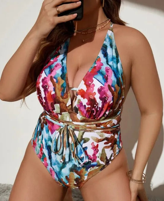 Solid colour one-piece halter swimsuit for women in blue or purple with European and American style brief cut
