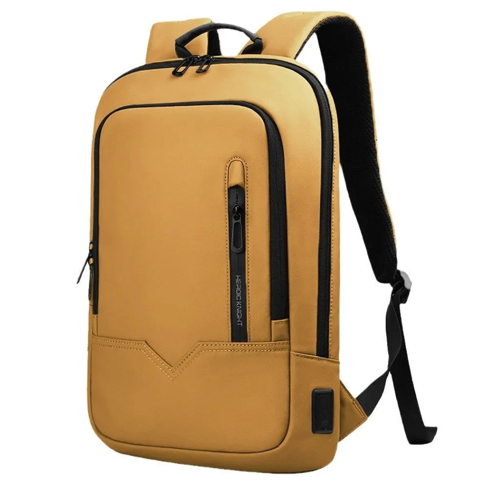 Men's lightweight polyester laptop backpack with USB port in black, shown in 14-inch size.