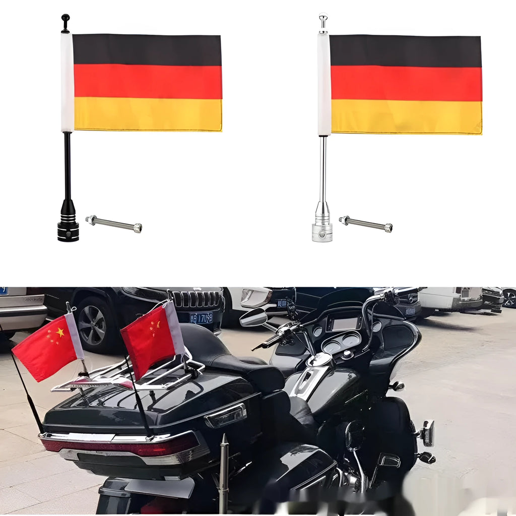 Motorcycle side box flagpole mounting bracket with German flagpole styling and electroplated finish