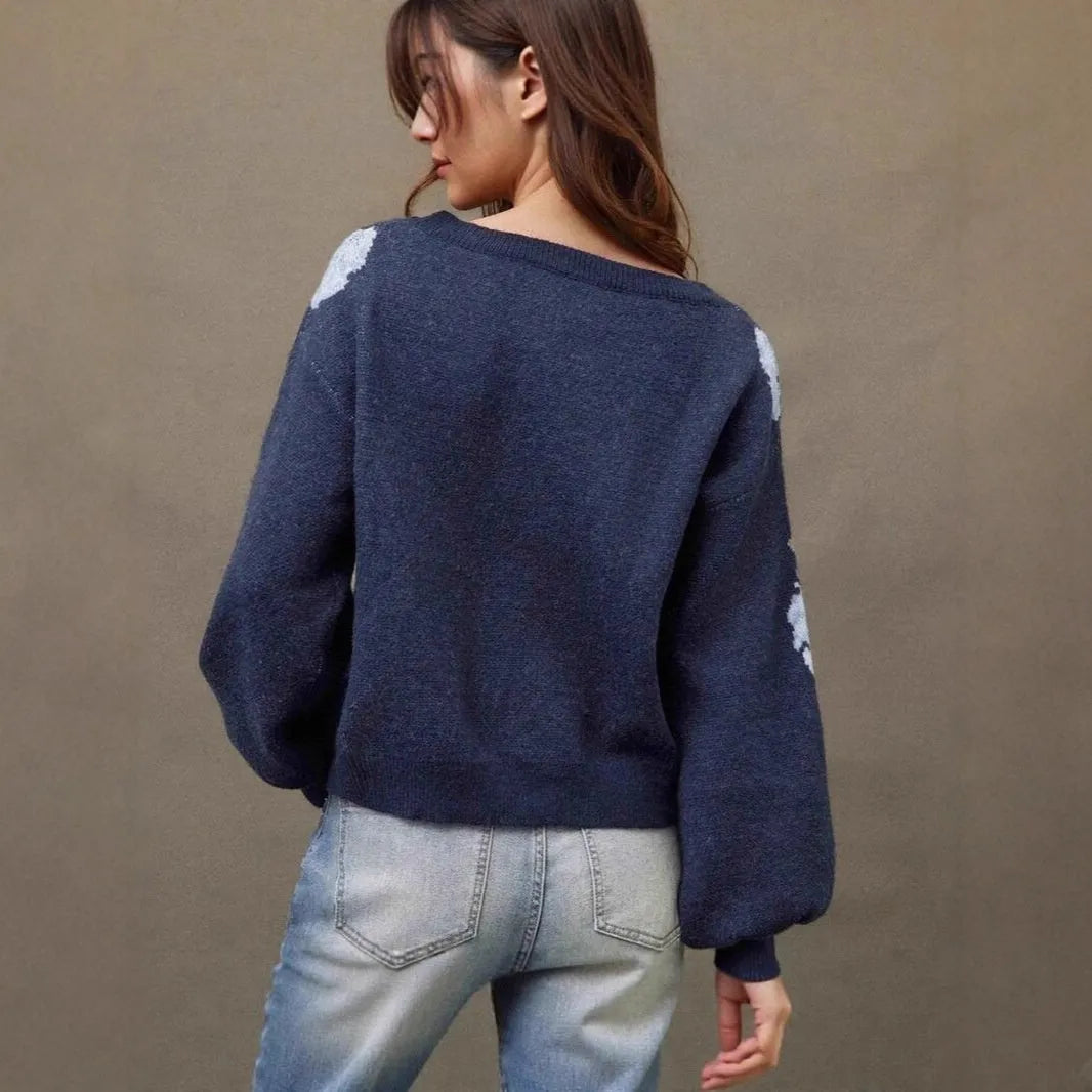 Sapphire blue women's pullover with floral jacquard pattern, loose streetwear fit