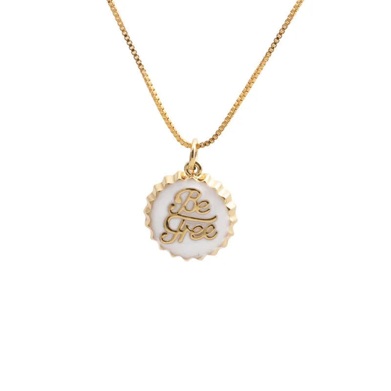 Copper bottle cap pendant necklace with 18K gold electroplating on 40cm box chain
