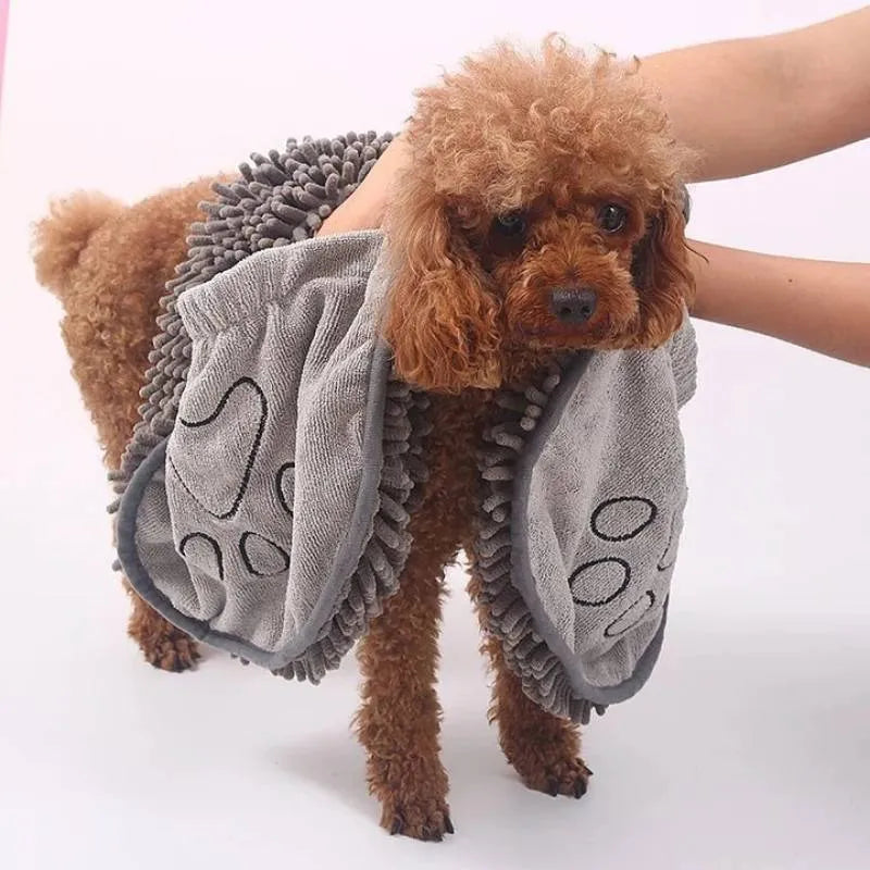Microfibre pet bath robe towel for dogs and cats in blue, grey, purple or red