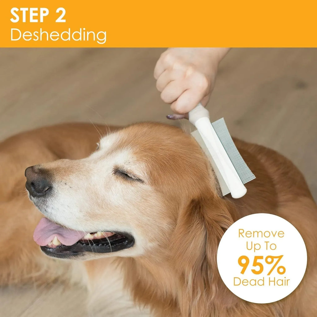 White double-sided pet brush with a curved comb on one end and a deshedding brush on the other, with a comfort-grip handle.