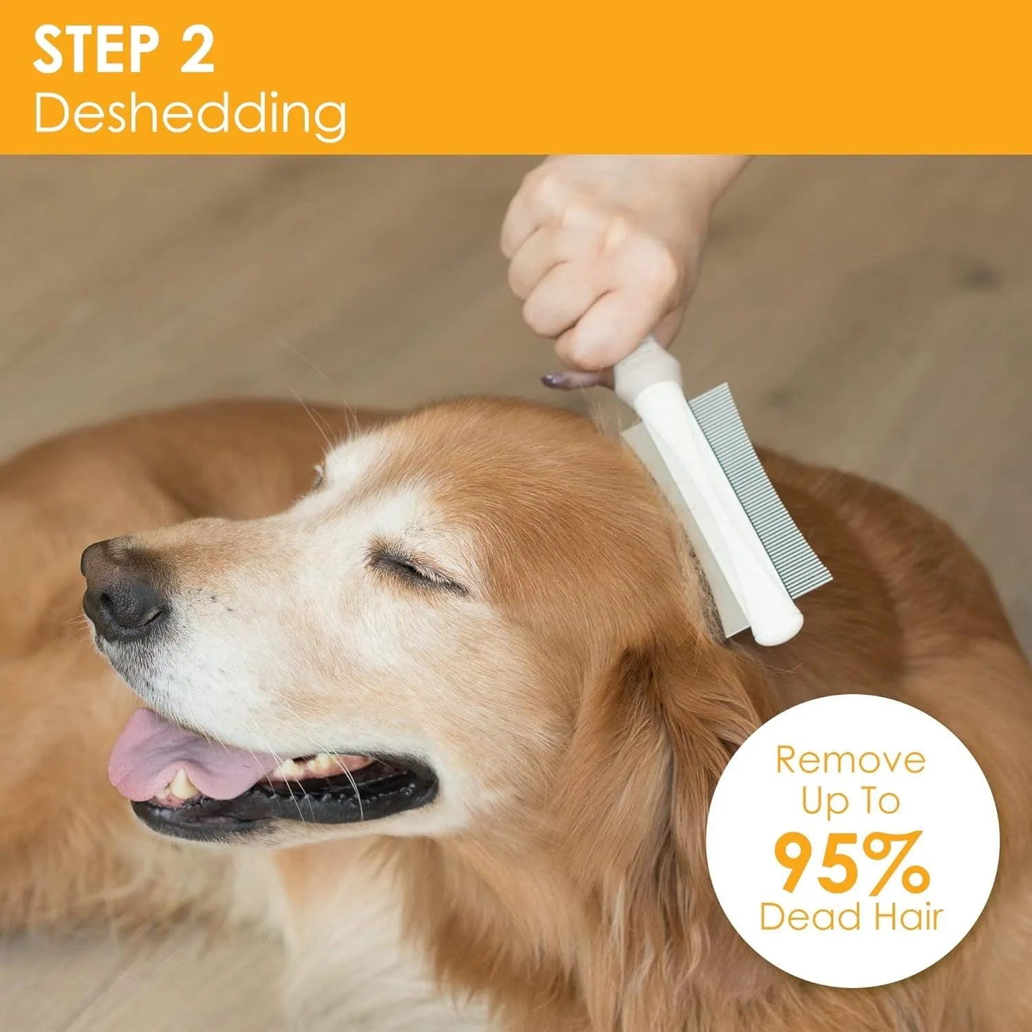 White double-sided pet brush with a curved comb on one end and a deshedding brush on the other, with a comfort-grip handle.