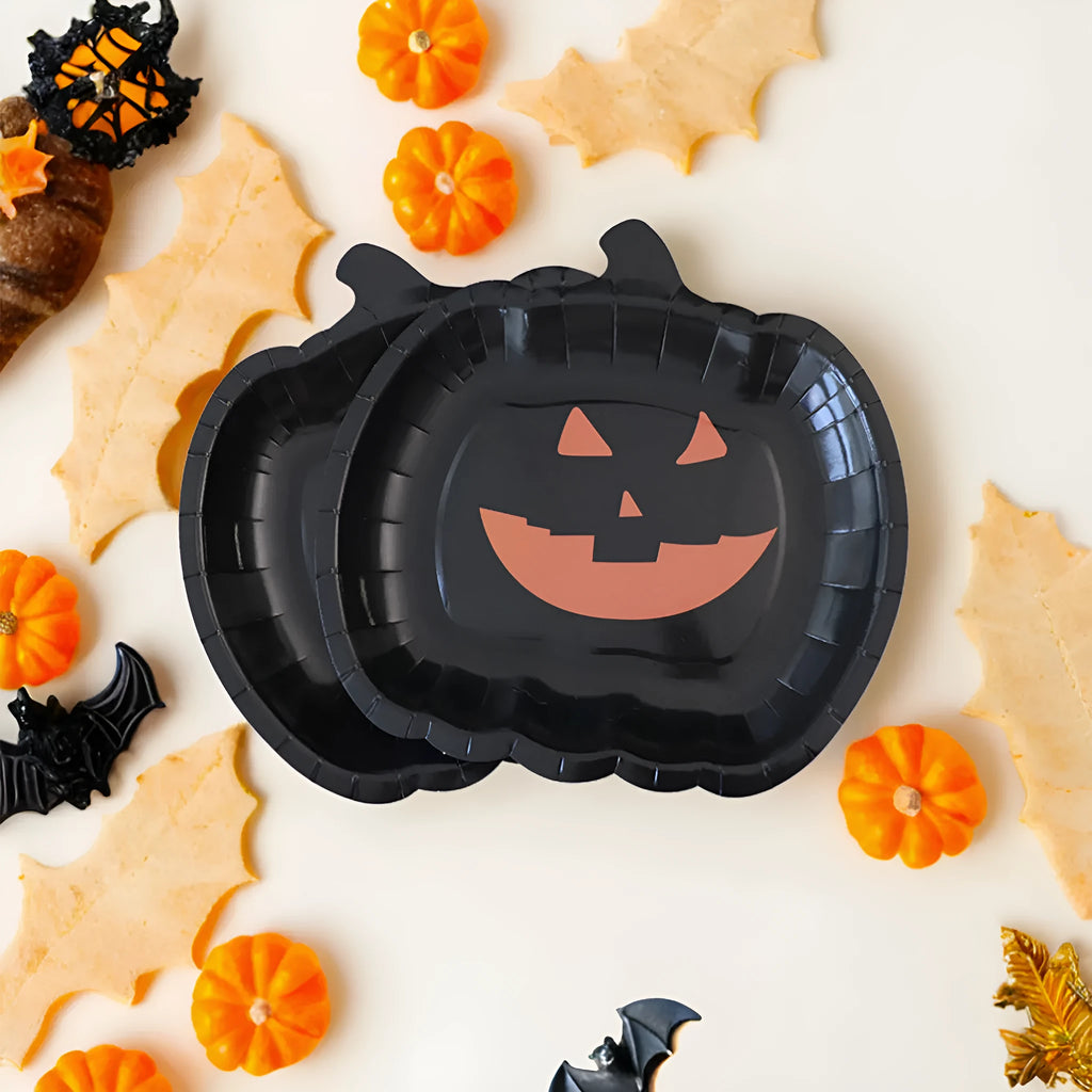 Black Halloween pumpkin design disposable paper plates in 9-inch size