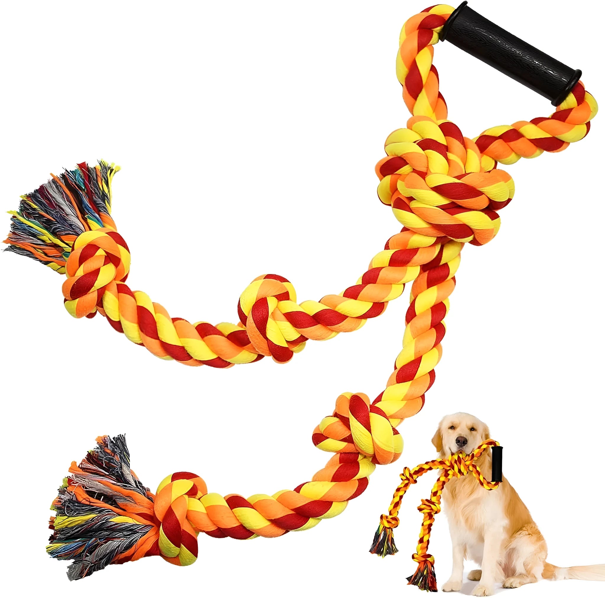 Blue and yellow durable cotton rope tug toy for large dogs with ergonomic handles