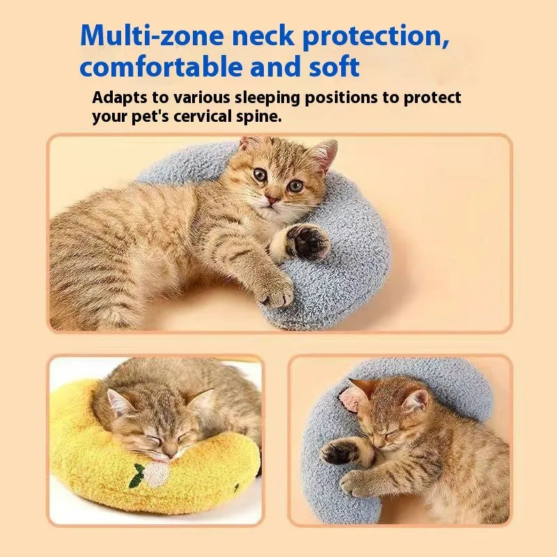 Cat sleeping mat with U-shaped neck protection pillow in moon and question mark designs