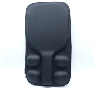 Black EVA pickleball storage bag with shoulder straps, holding one paddle and four balls.