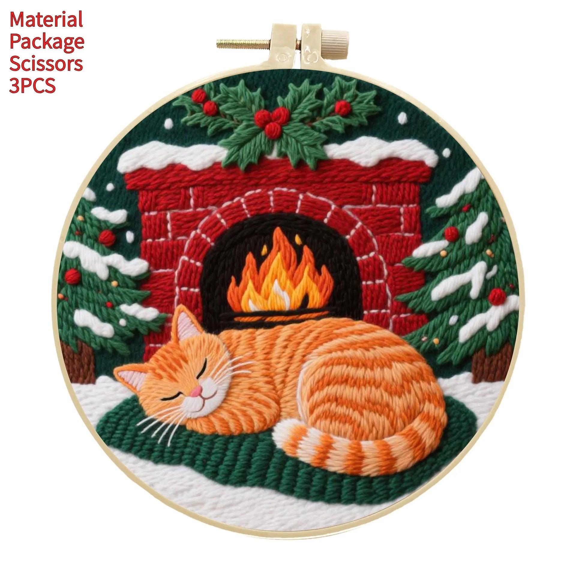 Cat embroidery DIY material package with autumn fruit designs on cotton linen fabric and 20cm bamboo frame