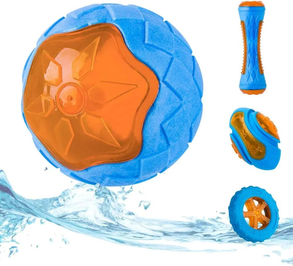 Three TPR floating dog toys: ball, barbell and tyres with bumpy texture for water fetch games