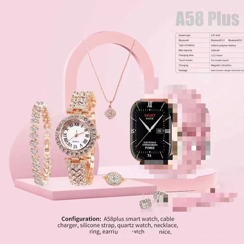 A58plus and A59plus smartwatch on wrist showing touch screen, with Bluetooth calling and multiple colour options.