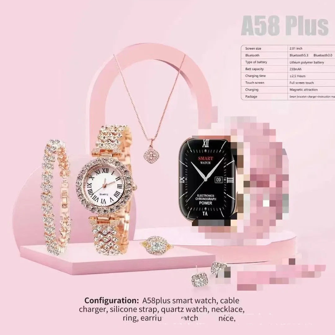 A58plus and A59plus smartwatch on wrist showing touch screen, with Bluetooth calling and multiple colour options.