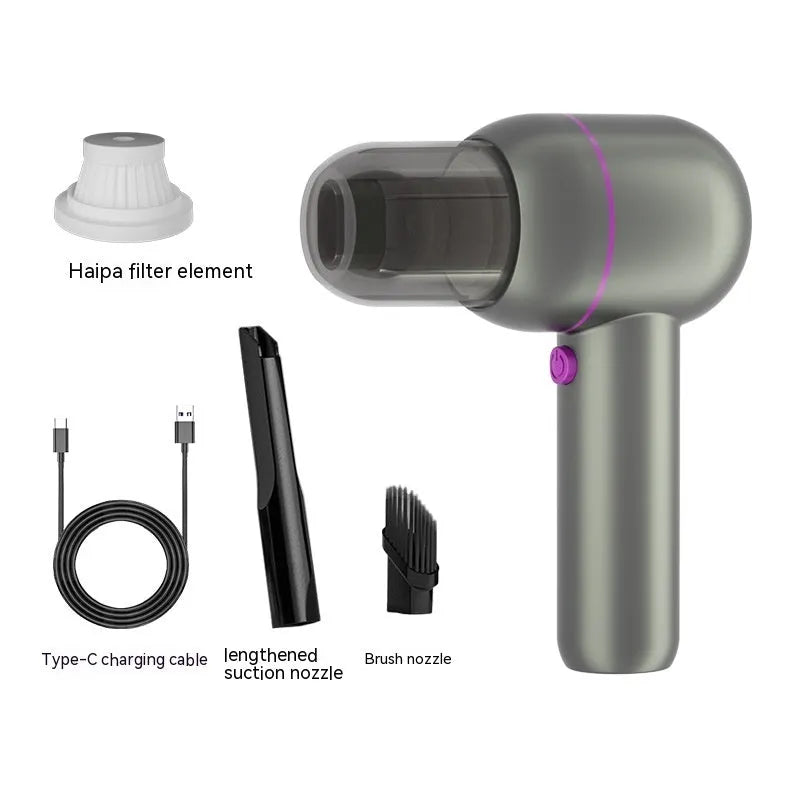 Grey XC-06 portable handheld car cleaner with attachments including brush nozzle and dust collection bin