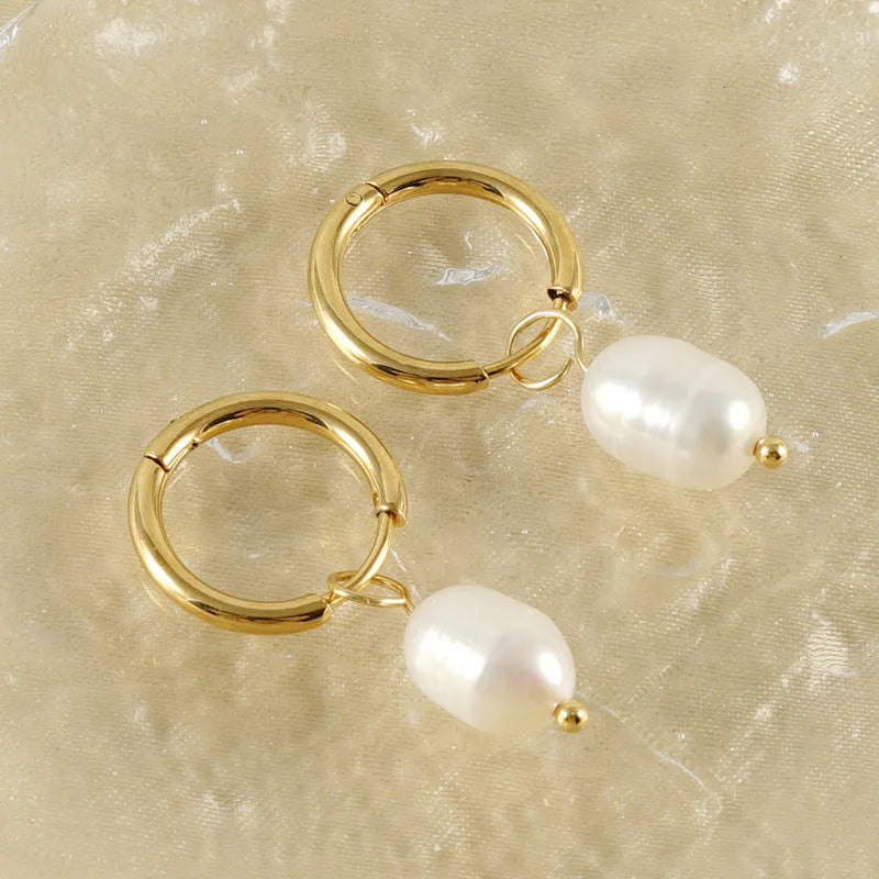 Gold geometric earrings with pearl accents and titanium steel posts for women