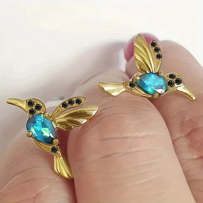 Bird hanging long drop earrings with mixed zirconium wings in alloy material